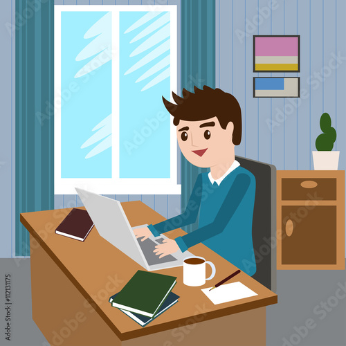 Flat design modern vector illustration lifestyle concept of handsome man in casual T-shirt sitting at the desk and working on laptop in the office. Isolated on stylish colored background. Vector