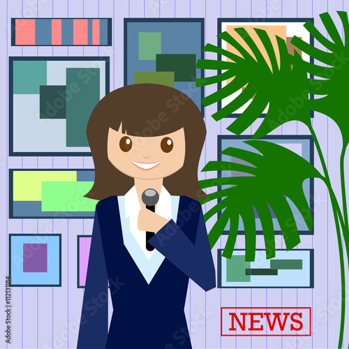 Woman journalist with microphone is a news service on the background of paintings and plants. Flat design. Vector
