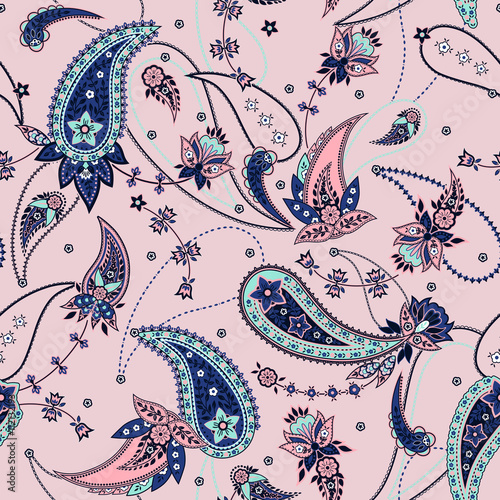 vector seamless gentle romantic floral paisley pattern, fantasy oriental background allover print with flowers, chains, leaves, dots