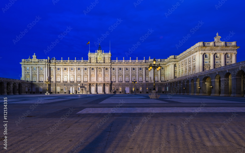 Night view of Royal Palace of Madrid in Madrid, Spain