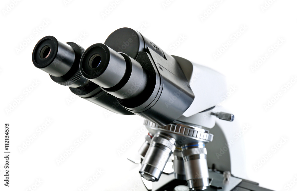 Microscope close-up, isolated on white