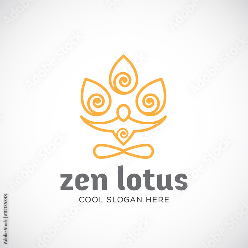Zen Lotus Abstract Vector Linear Style Logo Template. Meditation or Yoga Symbol. Stylized Pereson Figure with Flower Elements.