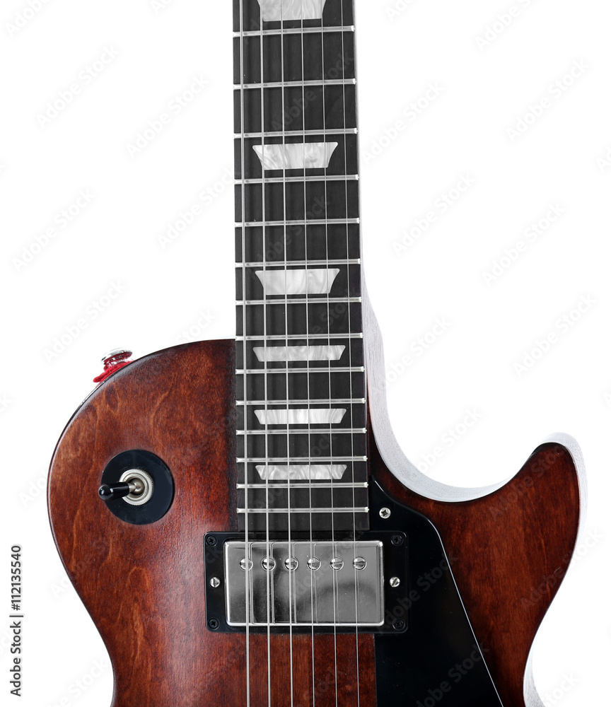 Obraz premium Toggle switch and neck of brown electric guitar, isolated on white