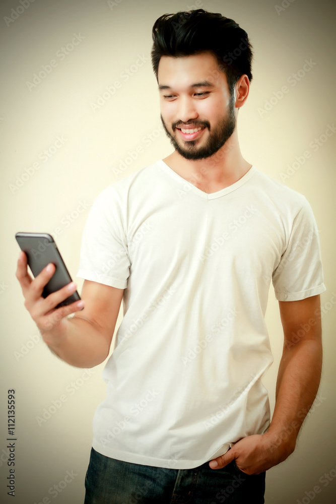 Blurry and soft focus of Asian handsome man with a mustache, smi Blurry and soft focus of Asian handsome man with a mustache, smi