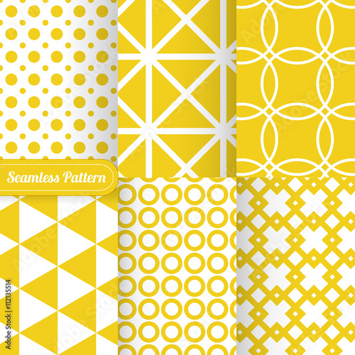 6 Vintage different vector seamless patterns. Endless texture for wallpaper, fill, web page background, surface texture. Set of monochrome geometric ornament. Yellow and white colors.