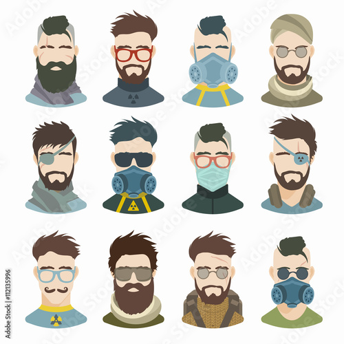 Flat icons collection of various post-apocalypse men. Modern design vector illustration set. Isolated on white background.