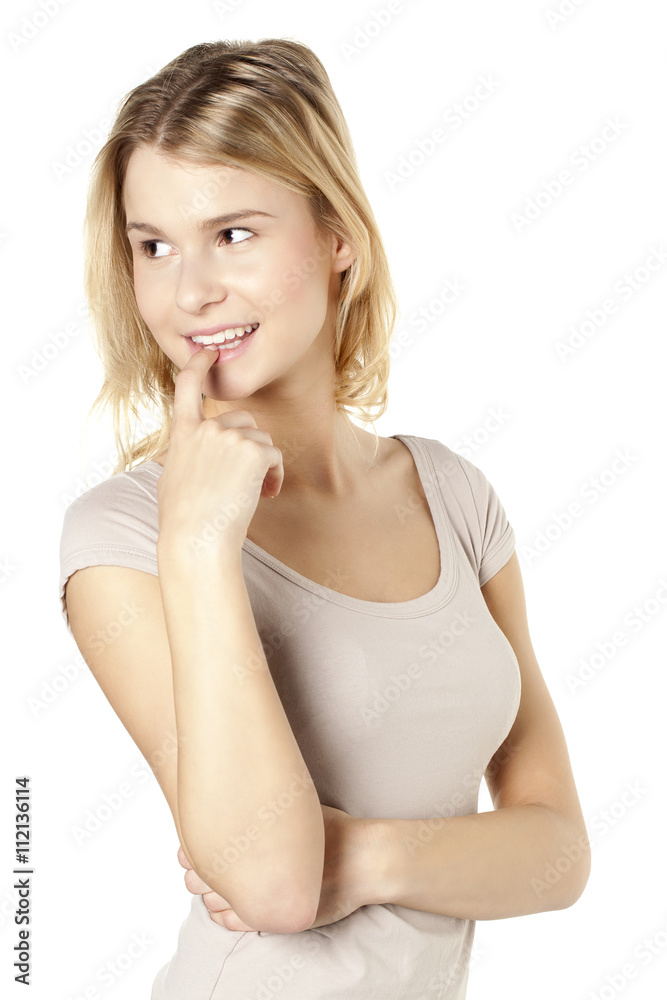 blonde woman biting the tip of her finger blonde woman biting the tip of her finger