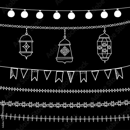 Set of chalk strings. Summer party decoration. Ramadan lanterns. Isolated vector elements. Borders on blackboard.