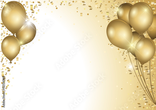 Holiday Background With Gold Balloons and Falling Confetti - Colored Illustration, Vector