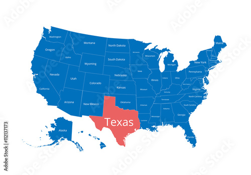 Map of the USA. Image with clipping path and name of states. State mark. Texas. Vector illustration. 