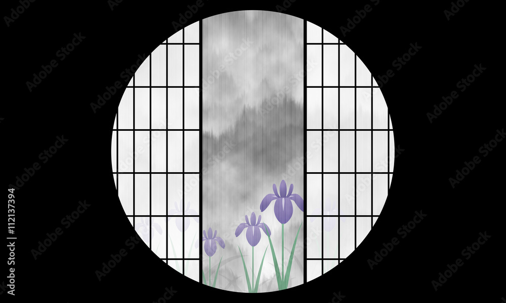 カキツバタ 雨 丸窓 和風 イラスト Stock Illustration Adobe Stock