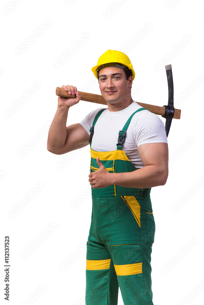 Man in green coveralls with axe isolated on white Man in green coveralls with axe isolated on white