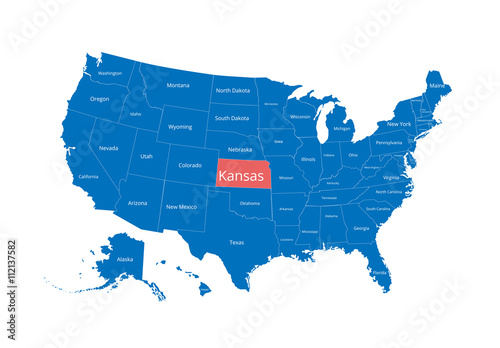 Map of the USA. Image with clipping path and name of states. State mark. Kansas. Vector illustration.