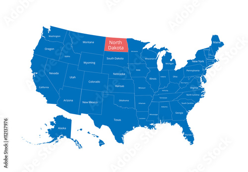 Map of the USA. Image with clipping path and name of states. State mark. North Dakota. Vector illustration.