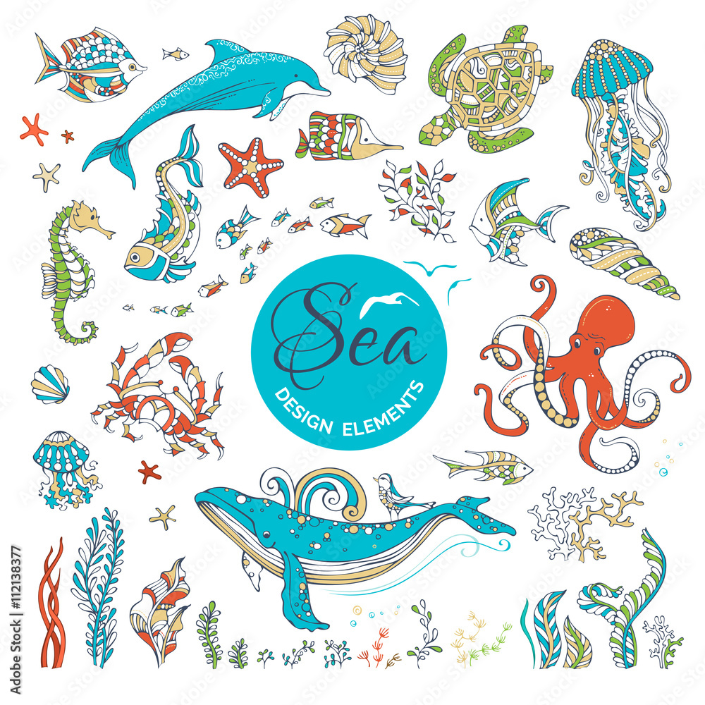 Obraz premium Vector set of cartoon wild underwater sea life.