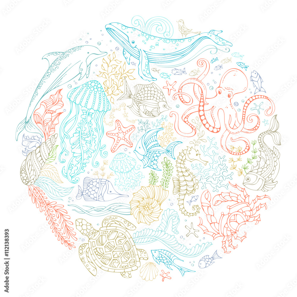 Circle vector set of ocean animals and plants contours. Circle vector set of ocean animals and plants contours.