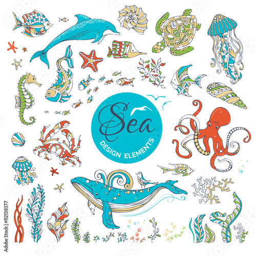 Vector set of cartoon wild underwater sea life.