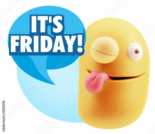 3d Rendering Smile Character Emoticon Expression saying It's Fri