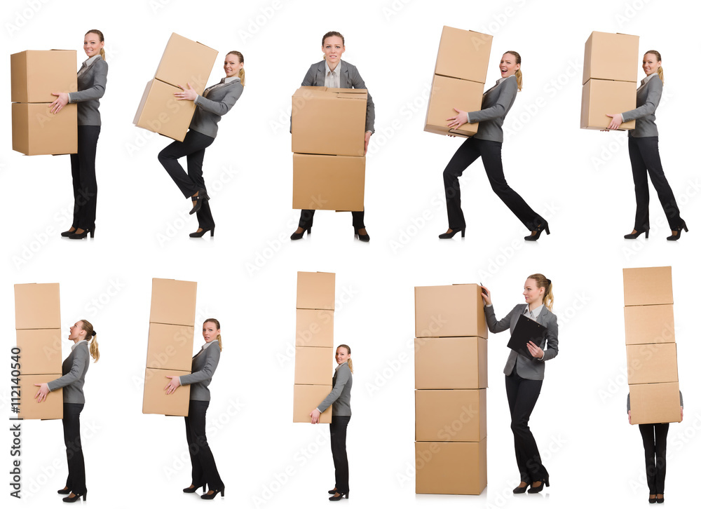 Composite image of woman with boxes on white Composite image of woman with boxes on white