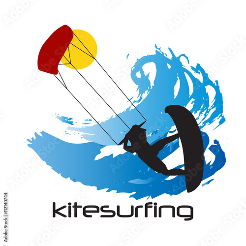 Black Silhouette of kitesurfing man and waves