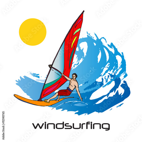 Colorful picture of windsurfing man and big waves