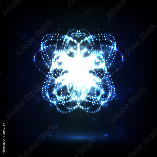 Abstract chaos background. Shiny sphere with particles. Future techno background.