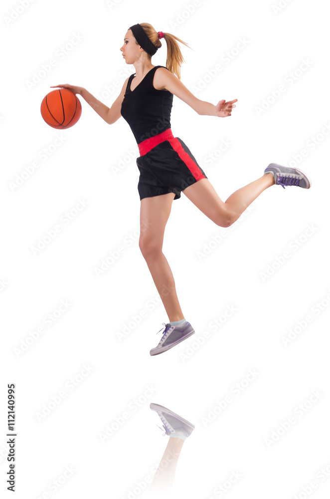 Woman playing basketball isolated on white