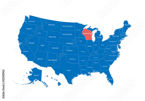 Map of the USA. Image with clipping path and name of states. State mark. Wisconsin. Vector illustration.