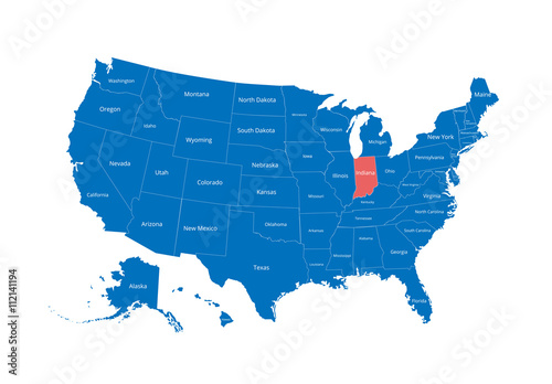 Map of the USA. Image with clipping path and name of states. State mark. Indiana. Vector illustration.