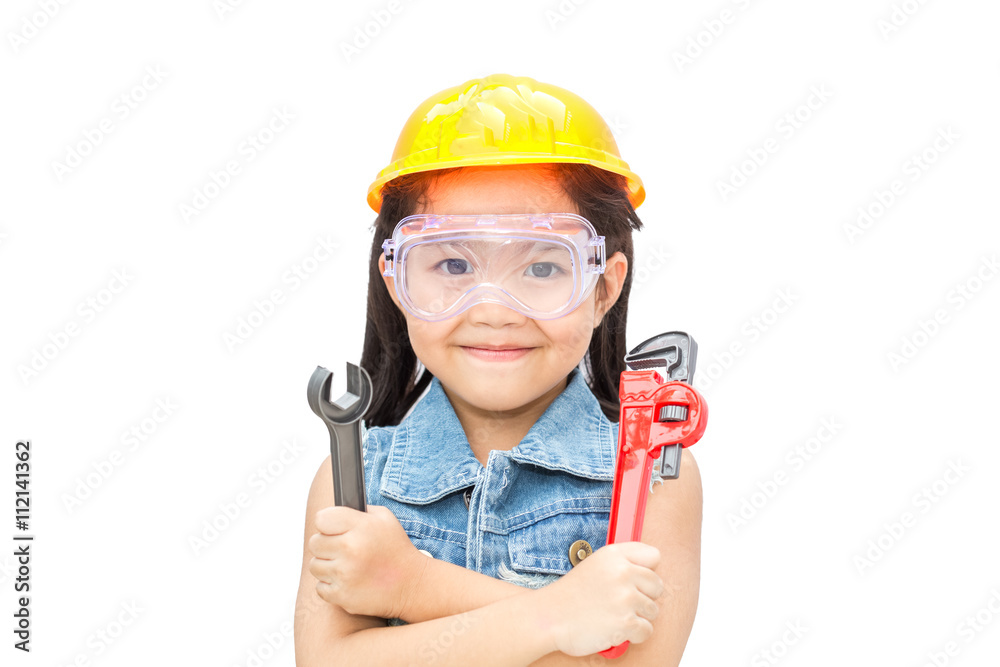 beautiful little girl in helmet with wrench isolated on white background beautiful little girl in helmet with wrench isolated on white background