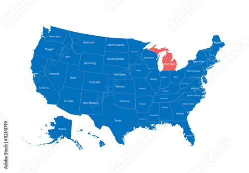 Map of the USA. Image with clipping path and name of states. State mark. Michigan. Vector illustration.