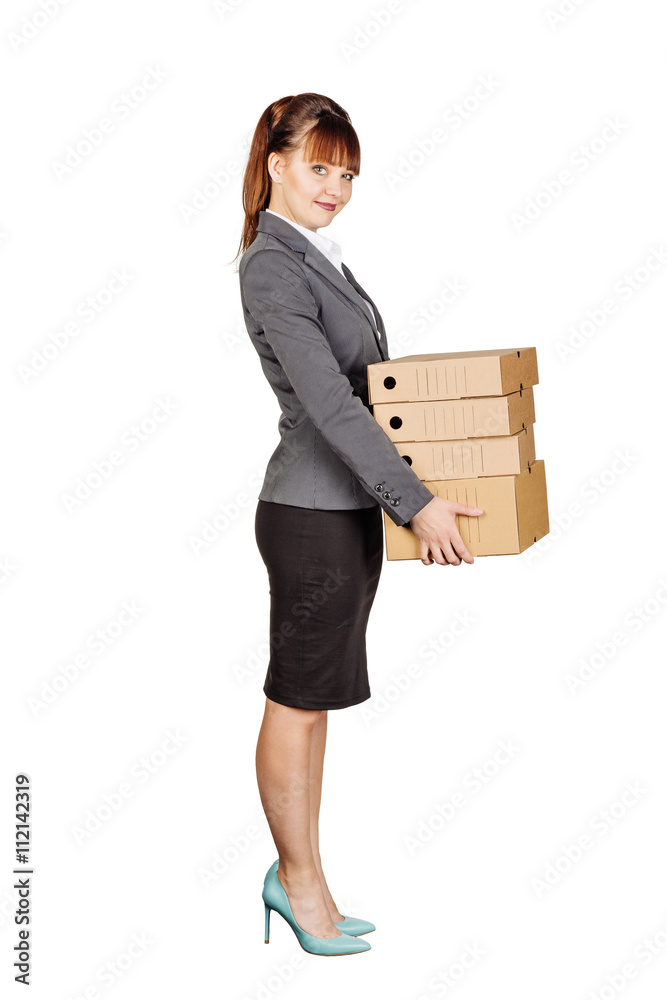 woman holding a pile of boxes against a white background. woman holding a pile of boxes against a white background.
