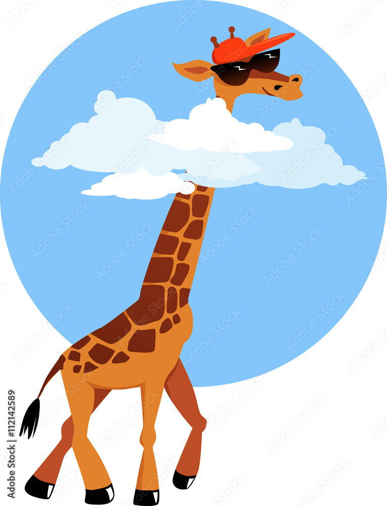 Naklejka premium Cute cartoon giraffe in sunglasses and a baseball hat walking with his head above the clouds, EPS8 vector illustration, no transparencies