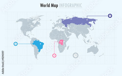 Infographic world map, every country and continent selectable independently.