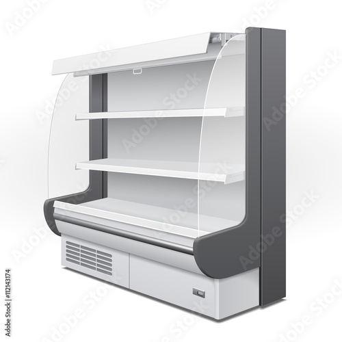 Cooled Regal Rack Refrigerator Wall Cabinet Blank Empty Showcase Displays. Retail Shelves. 3D Products On White Background Isolated. Mock Up Ready For Your Design. Product Packing. Vector EPS10
