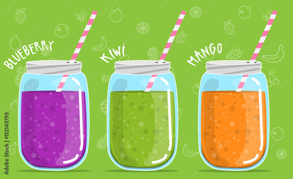 Blueberry kiwi mango smoothies in glass jar Blueberry kiwi mango smoothies in glass jar