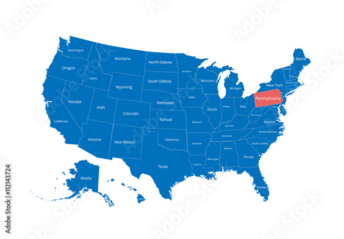 Map of the USA. Image with clipping path and name of states. State mark. Pennsylvania. Vector illustration.