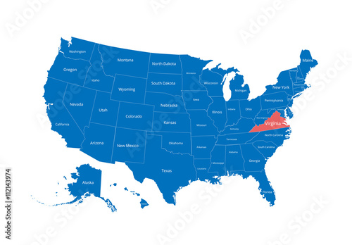 Map of the USA. Image with clipping path and name of states. State mark. Virginia. Vector illustration.