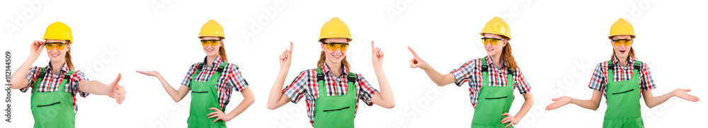 Woman in green coveralls isolated on white