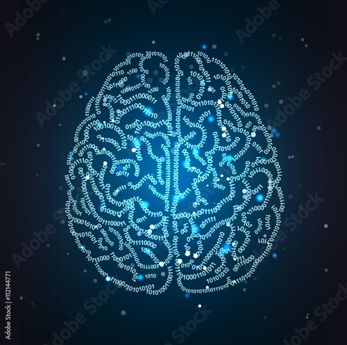 Concept illustration of a human brain formed out of binary code digits. Shiny artificial intelligence space hi-tech and IT themed background.