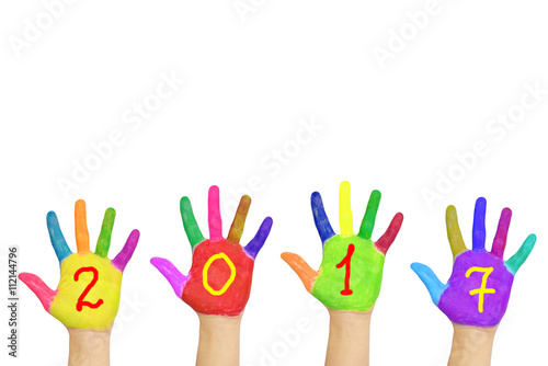 Kids colorful hands forming number 2017. Isolated on white