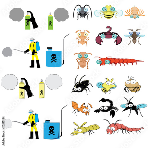pest control graphic include sprayer, cockroach, fly, spider, ant, scorpion, mosquitoes, termite, centipede 