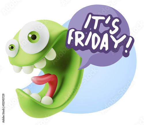 3d Rendering Smile Character Emoticon Expression saying It s Fri