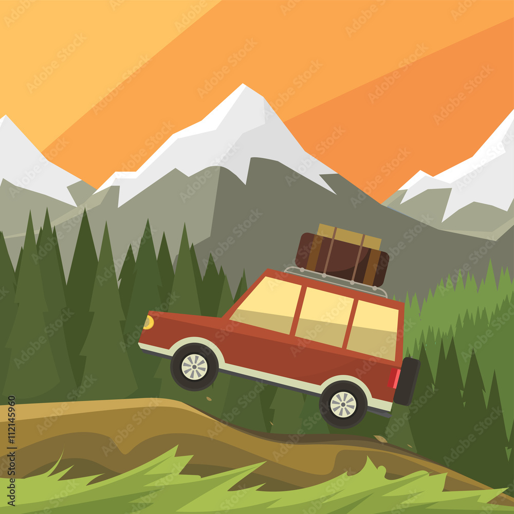 Jeep rides on off-road trail, background of high mountains and forests. Active outdoor recreation with family. art. Vehicle SUV. Wild Reserve. Beautiful sunset landscape. vector car.