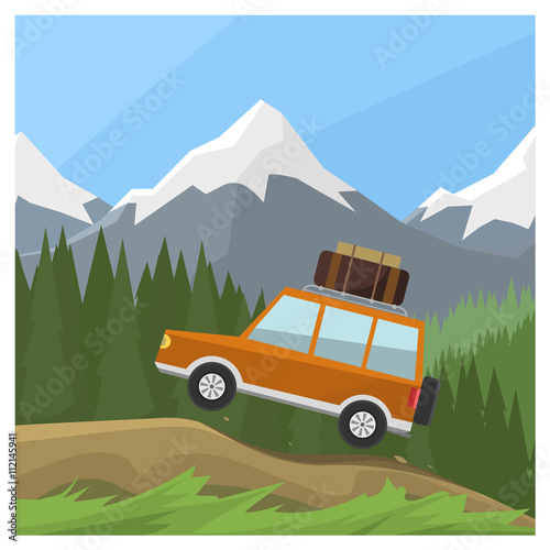 Jeep rides on off-road trail, background of high mountains and forests. Active outdoor recreation with family. art. Vehicle SUV. Wild Reserve. Beautiful day landscape. vector car.