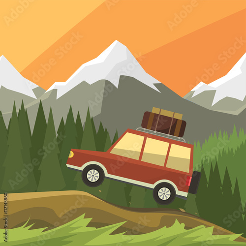 Fototapeta Naklejka Na Ścianę i Meble -  Jeep rides on off-road trail, background of high mountains and forests. Active outdoor recreation with family. art. Vehicle SUV. Wild Reserve. Beautiful sunset landscape. vector car.