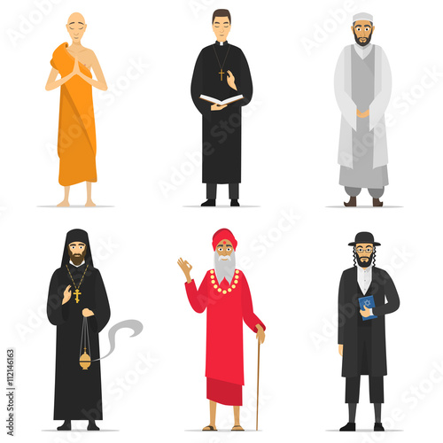 Isolated religion ministers. Monks and priest. greeting. Buddhist, Catholic, Muslim, Orthodox Priest, Sadhu, Orthodox Jew. World religions monk people. isolated cartoon greeting characters vector