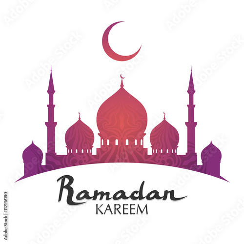 Ramadan kareem greeting. arabic calligraphy with mosque moon and lanterns. isolated flat vector islam illustration. arabic symbol. ramadan kareem arabic text.