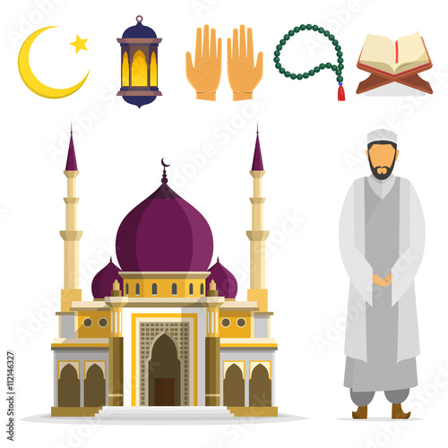 Set of Islamic religious symbols and ritual objects. Ramadan symbol. Muslim Mosque mullah, an Islamic star and crescent, lantern, palms, Koran, beads. vector flat cartoon design. islam culture icons. 