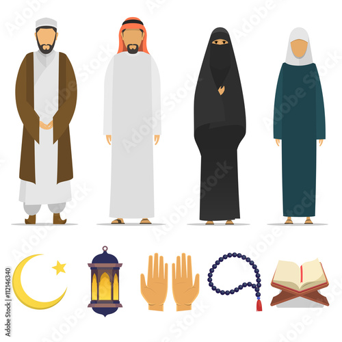 Set of Islamic religious people and ritual objects flat icon. Ramadan Kareem symbol. Muslim mullah, male and female. Islamic star and crescent, lantern, palms, Koran, beads. vector flat islam.